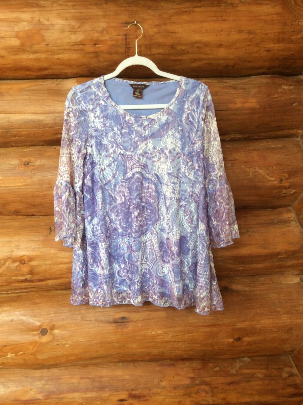 Multiples Y2K Mesh Purple Floral Abstract 90s Bell Sleeves Boho Top Size Small
